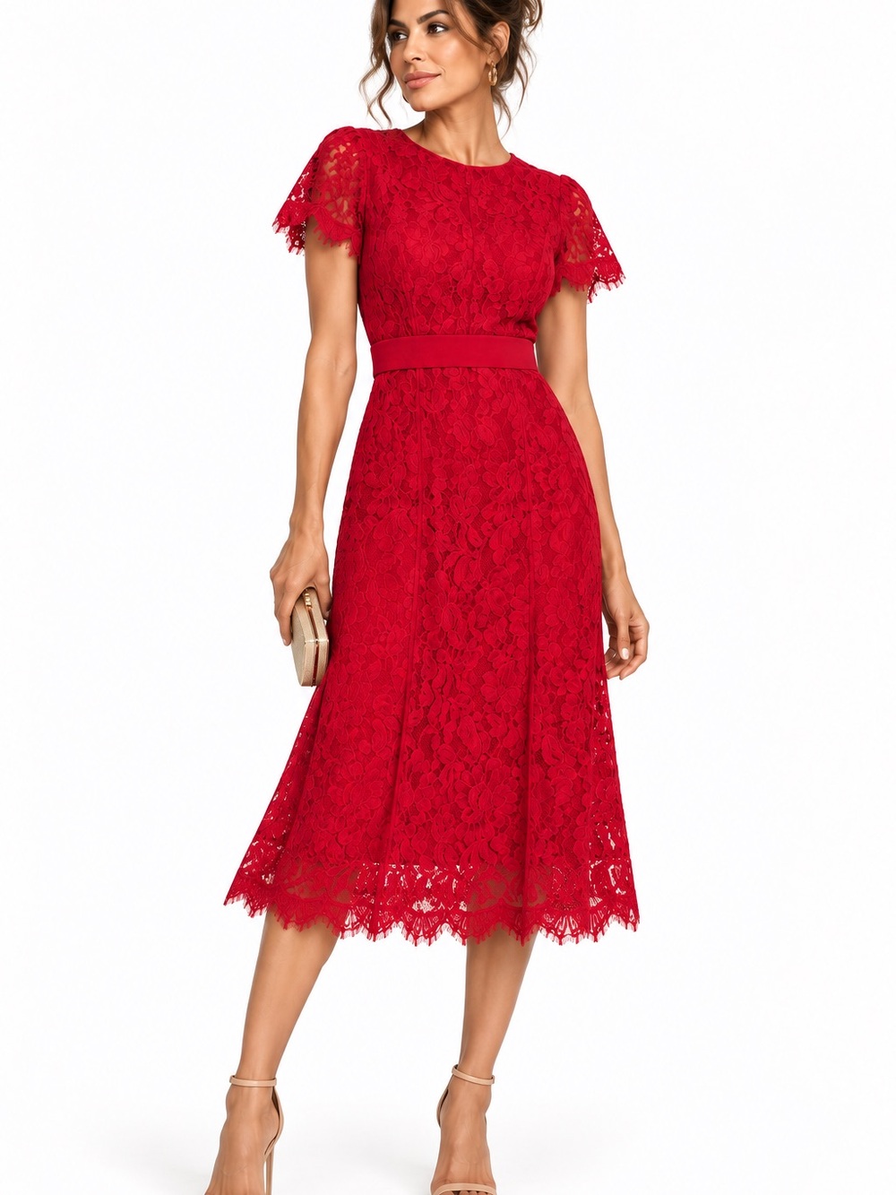 Eva Mendez Red Lace Midi Dress Scalloped Hem Flutter Sleeve Lined